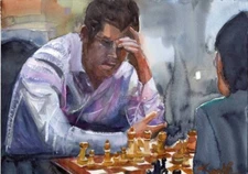 Serious Move [Chess] :  Sandra Watercolors™  :  ORIGINAL PAINTING : OOAK