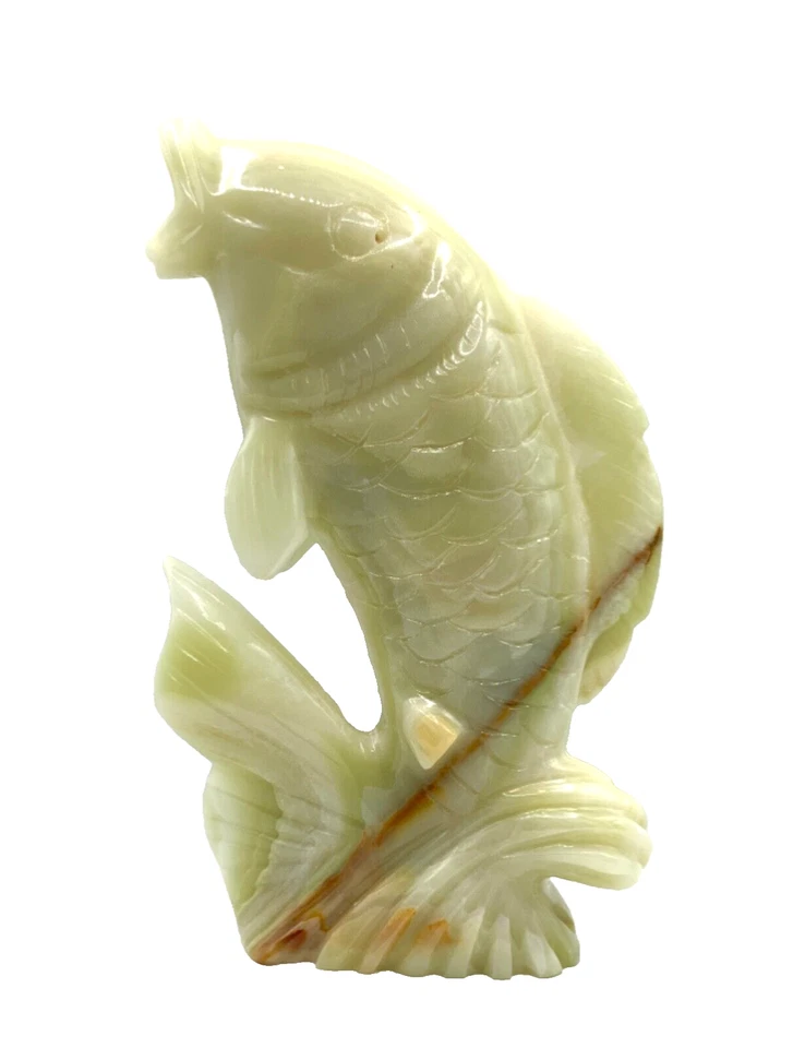 Estatua animal pez koi tallado en ónix verde claro asiático pez dorado de 10 pulgadas Foto 3 de 4