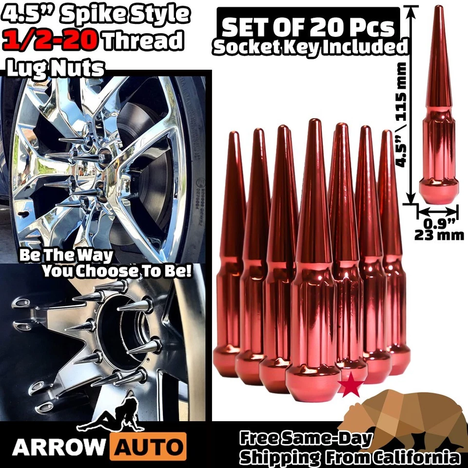 20x 4.5" Rojo 1/2-20 Spline Spike Tuercas y Llave Ajuste Dodge GMC Jaguar & Jeep Foto 2 de 4