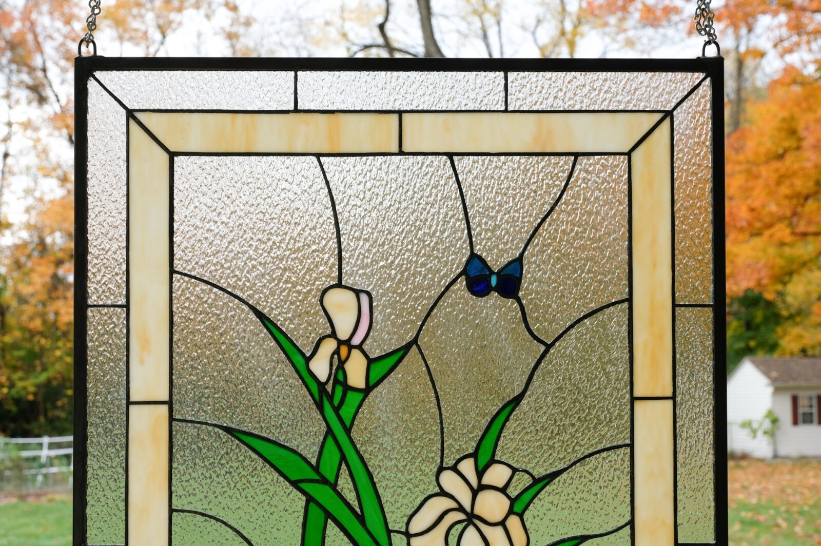 Tiffany Style stained glass hanging window panel iris flower. 24" x 36 ...