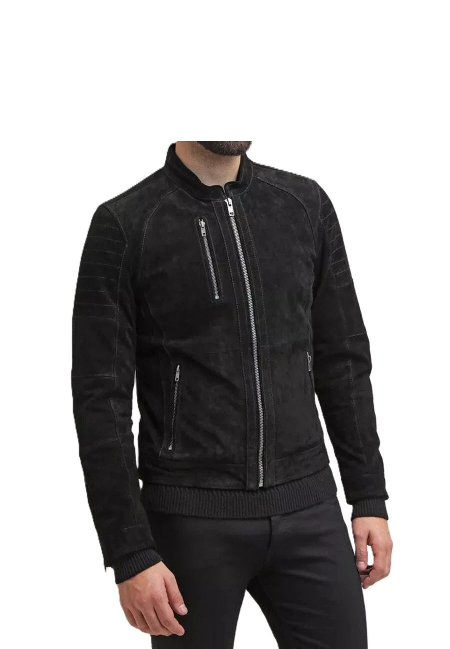 Men's Real Soft Suede Leather Black Biker Jacket Motorcycle Rider Designer Coat