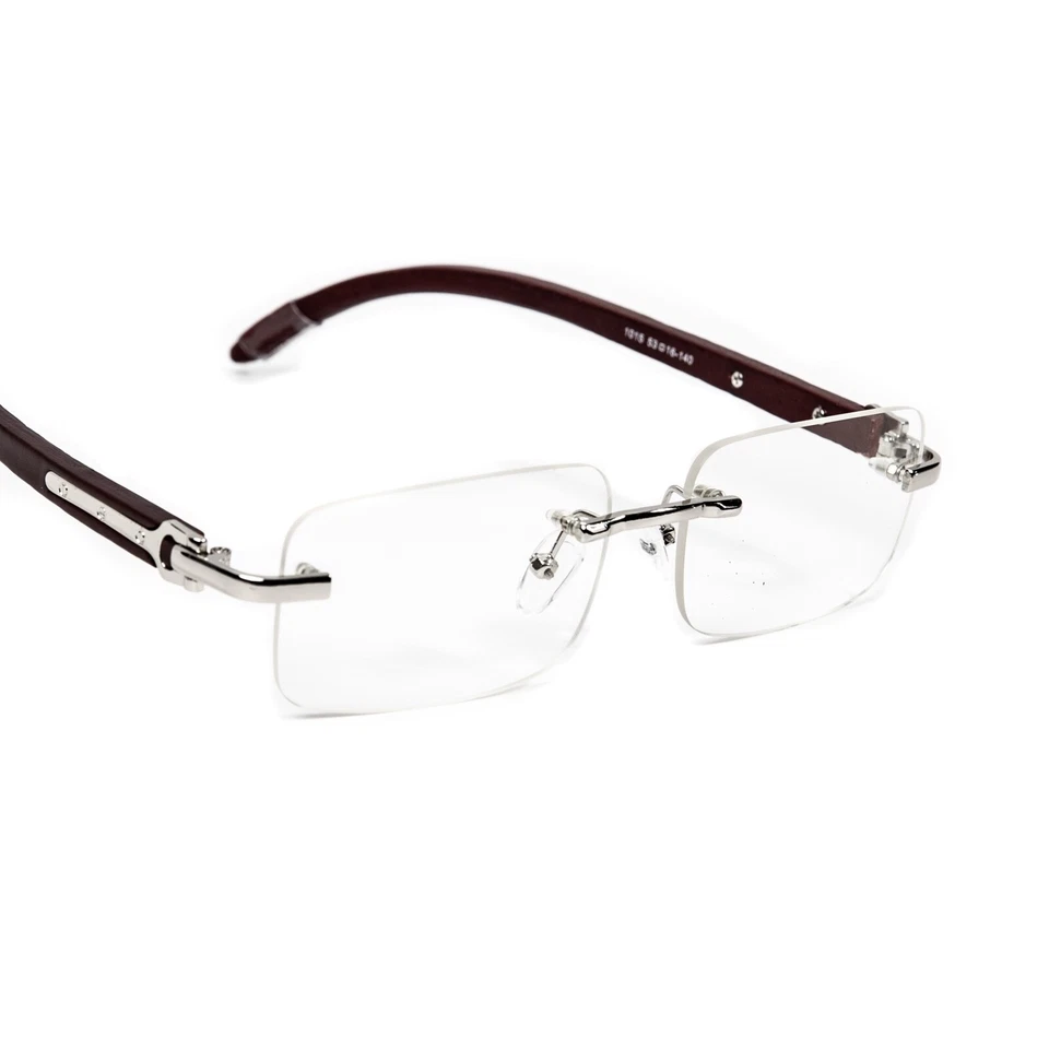 Mens Clear Rimless Woodgrain Silver Frame Retro Vintage Hip Hop Fashion Glasses  - Image 3 of 4