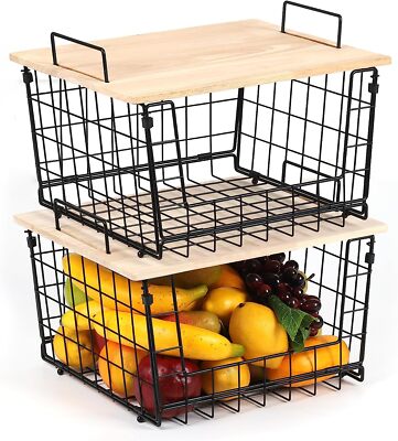 2 Pack Stackable Vegetables Fruit Basket Bowl Wire Storage Baskets with Wood Lid