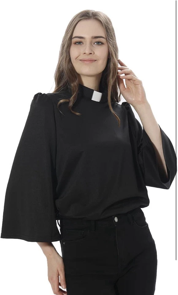 Women Clergy Shirt Inset Tab Collar Priest Black Clerical Shirt Pastor Blouse L - Image 2 of 4