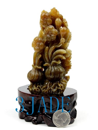 Hand Carved Honey Brown Nephrite Jade Daffodil Flower Statue w/ certificate - Picture 2 of 10