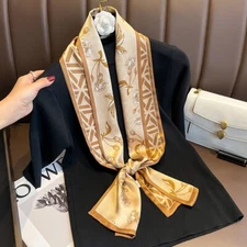 Double Side 100% Pure Silk Long Scarf Women Brown Flower Neckerchief 150*15cm