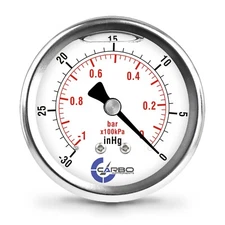 2-1/2"  Vacuum Gauge, Stainless Steel Case, Liquid Filled, Back Mnt -30 Hg/0