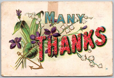 Many Thanks c1910 Embossed Postcard Flowers Anchor tape repair posted later