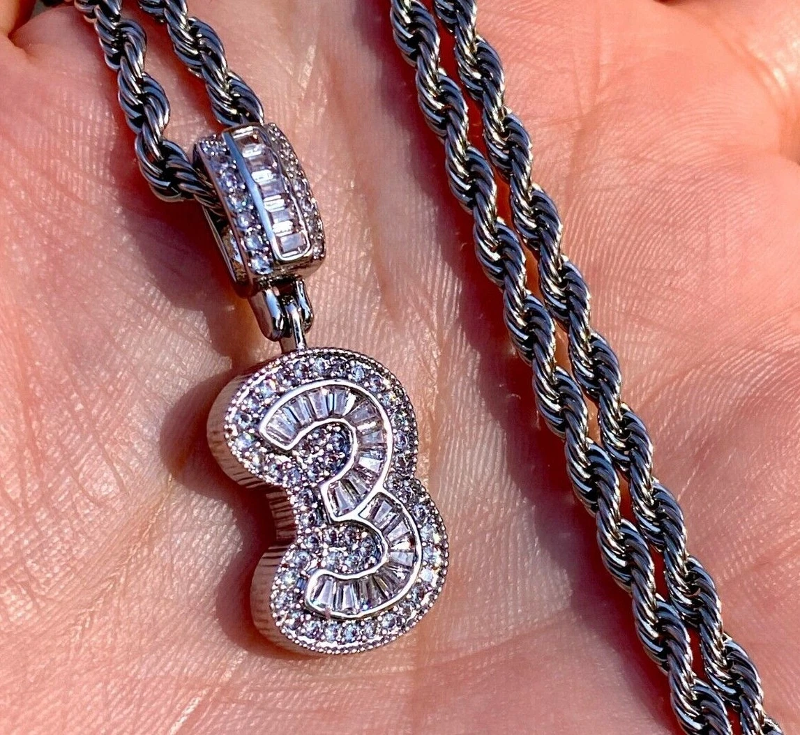 Lucky Number 3 Pendant Necklace Men s Women s Icy Silver icy Charm Rope Chain