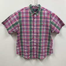 Vintage Ralph Lauren Button Short Sleeve Plaid Pink Green Classic Fit Shirt XXL