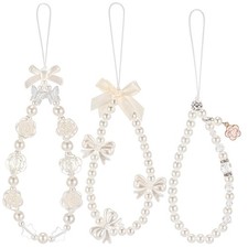 Ecally 3 Pcs Phone Charms Strap Camera Charm Pearl Beaded Flower, White