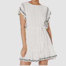 Free People Women's White Embroidered Ruffled Shoulders Mini Dress Size M