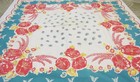 Vintage 1950s Cotton Red Aqua Yellow Flowered Square Tablecloth — photo 1