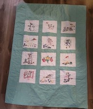 Vintage Handmade Hand Embroidered Baby Quilt Crib Blanket 54" X 38" Aqua Blue