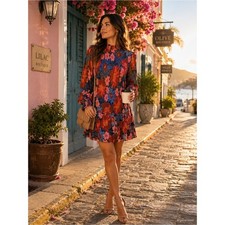 Farm Rio Vibrant Floral Smocked Mock Neck Mini Dress Size S Resortwear
