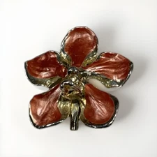 Vintage Lucite Painted Orchid Pin Brooch & Pendant Gold Tone Peach/Pink EUC Gift