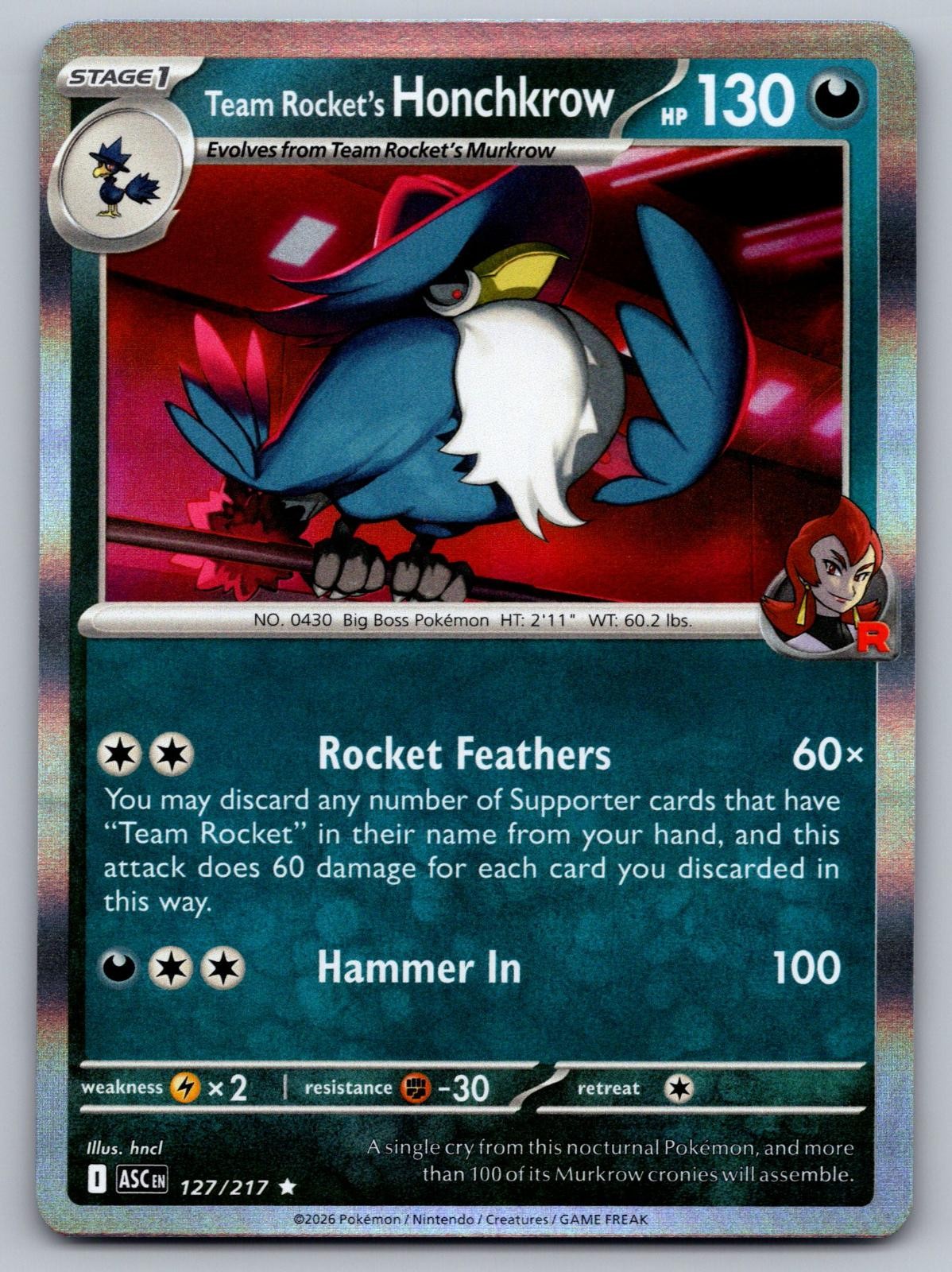 Team Rocket's Honchkrow 127/217 Rare ME: Ascended Heroes Pokemon Lightly Played