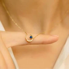 18K Gold Plated Crescent Moon Necklace with Sapphire Blue