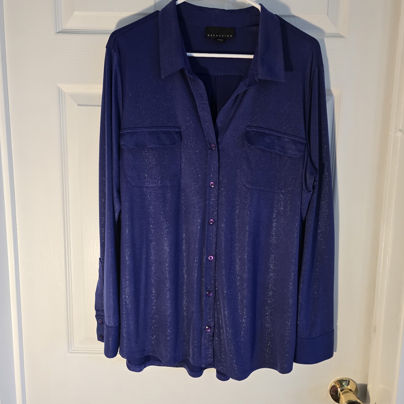 Attention Womens Long Sleeve XL Purple Shimmering Collared Blouse (Over Blouse)