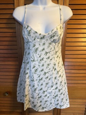 White with Green Floral Spaghetti Strap mini sundress, M