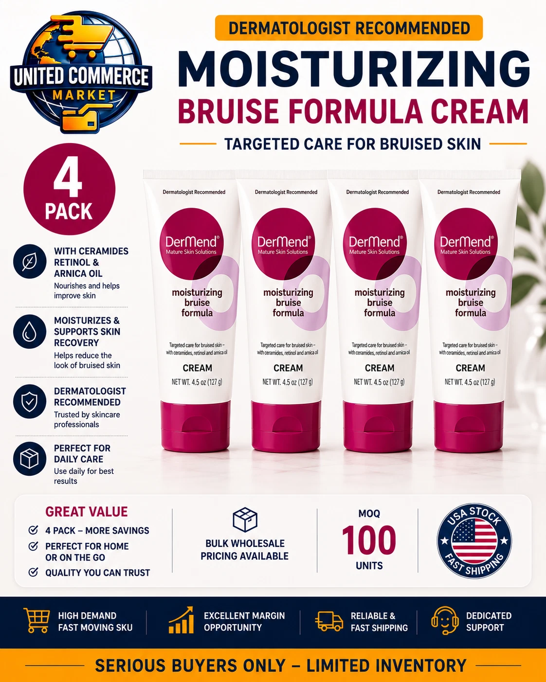Dermend Moisturizing Bruise Formula Cream 4.5 Oz 4Pack Factory Sealed !!