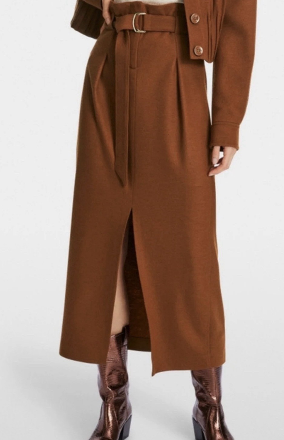 NEW Marc Cain Split Front Belted Wool Midi Skirt Tobacco 637 Sz N4 / US 10