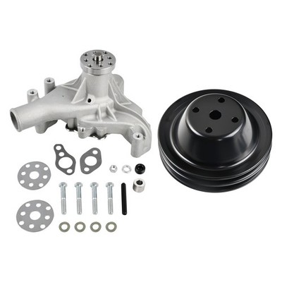 Aluminum Long Water Pump & Black 2 Groove Pulley For SBC Small Block Chevy 350