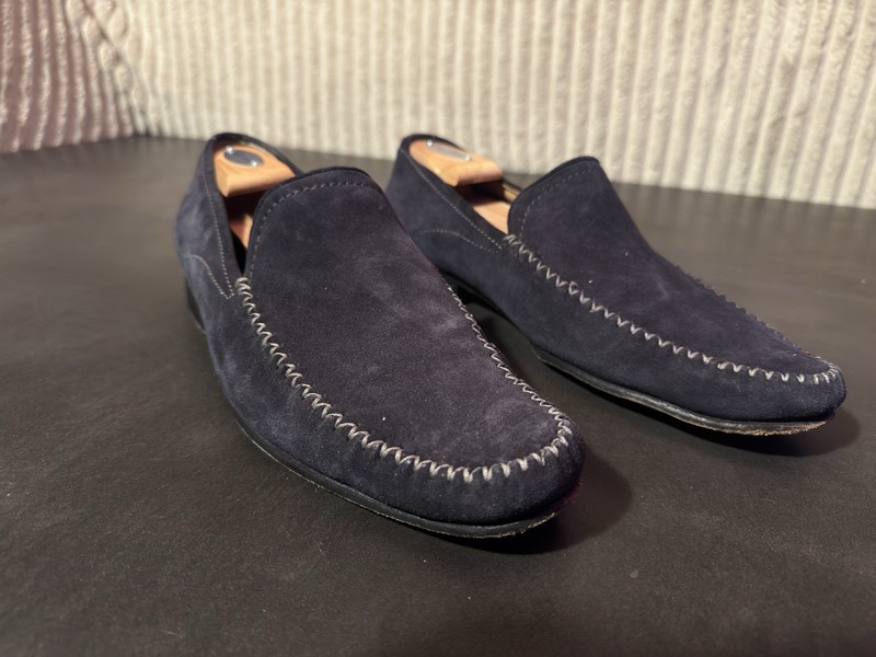 Johnston & Murphy Mens 10.5M Navy Blue Nubuck Loafers Sheepskin Lined