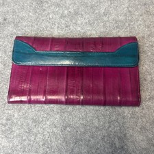 Lee Sands Vintage Teal Hot Pink Eel Skin Leather Deluxe Organizer Wallet Korea