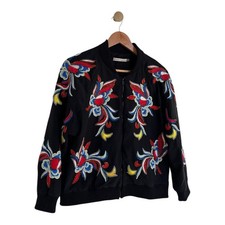 ALICE + OLIVIA 100% Silk Embroidered Floral Bomber Jacket Black Women’s Size L