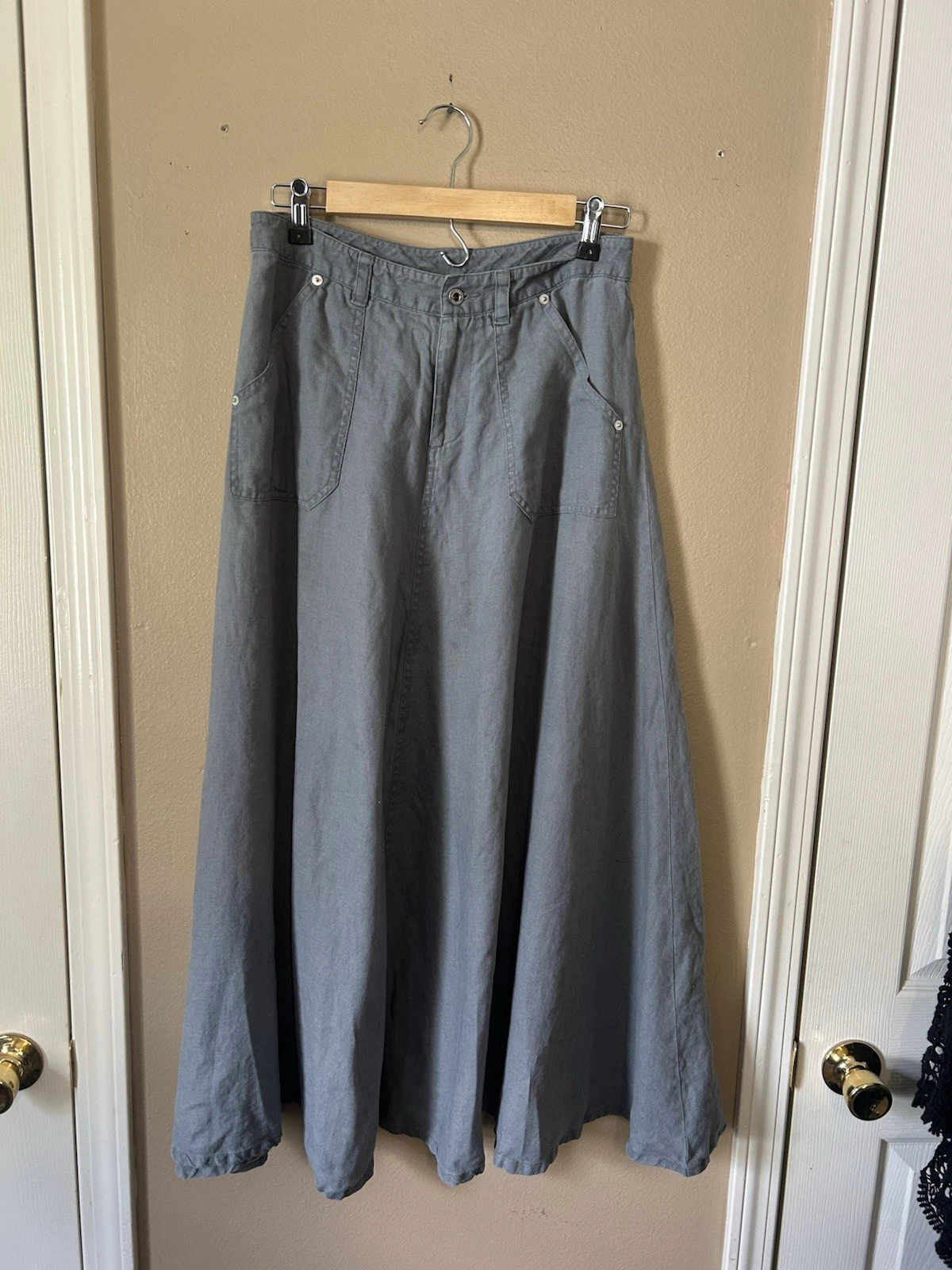 Sundance Grey Linen Full Maxi Skirt Cargo Pocket Boho Lagenlook Sz 6 Zipper 90’s