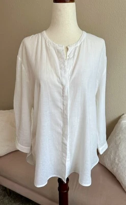 Jenni Kayne Top White Cotton Linen Qtr Sleeve Button Up Blouse Women's S Luxury