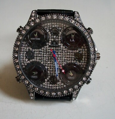 Men's Stone Silver & Hematite Black & Black Leather Band Fashion Hip Hop Watch