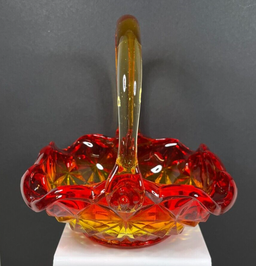 Vintage Amberina Red Orange Glass Diamond Design Handle Basket