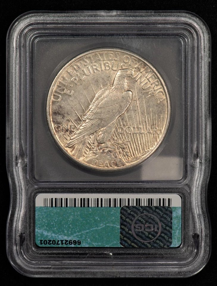 1921 $1 Silver Peace Dollar - High Relief Key Date -  ICG AU 50 Dets - SKU-B4476 - Image 3 of 4