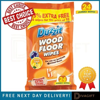 WOOD FLOOR WIPES FRESH LEMON JUMBO EXTRA STRONG CLEANS AND SHINES 24PK DUZZIT