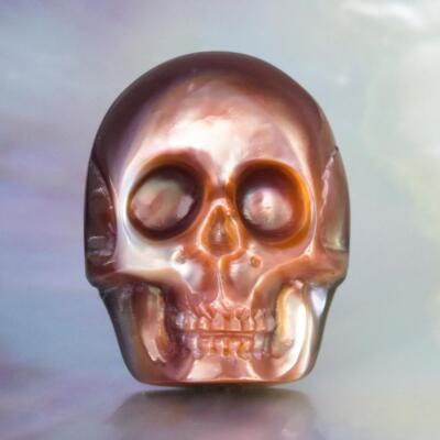 Skull Design Penguin-Wing Oyster Shell & Paua Abalone Carving Cabochon 3.53g