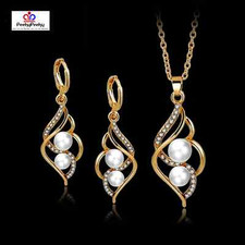 Silver Gold Plated Faux Pearl Crystal Necklace Pendant Earring Set Wedding GIFT