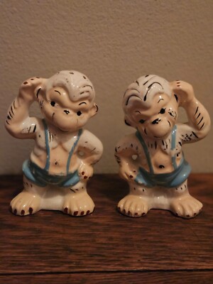 Vintage Circus Chimp Monkey Salt & Pepper Shakers Blue / White Ceramic Japan