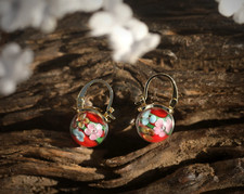 Ohrringe Klappbügel Golden Perle Glas 12mm Murano Stil Blumen- Rot ET3