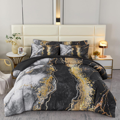6 PCS Bed in a Bag Black Watercolor Marble Printed Comforter Set for Queen Bed B - Picture 2 of 7