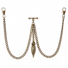  New Bronze Colour Double Albert Pocket Watch Fob Chain With  Pendant 