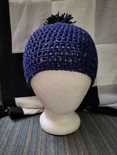 Unisex Crochet Beanie. Dark Blue Speckled w/ Pom. Soft And Stretchy. USA Made.