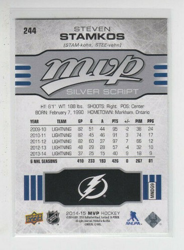 14/15 UD MVP Tampa Bay Lightning Steven Stamkos Silver Script card #244 - SP - Picture 2 of 2