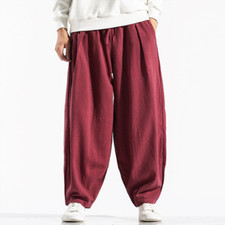 Vintage New Red Men Linen Wide Leg Trousers Pants Plain Baggy Tapered Oversized