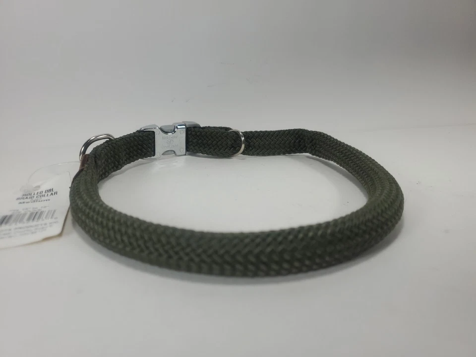 Collar de perro Mendota enrollado doble trenza acento de cuero verde oliva talla M 1/2"x18" Foto 3 de 4