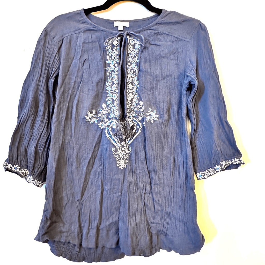Star Mela Women's Embroidered Blouse Quarter Sleeve Tie Neckline Blue  Medium Tun