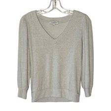 MICHAEL STARS Silver Metallic V-Neck French Terry Pullover Sweater Size XS