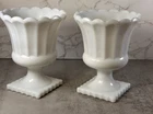 Vintage Milk Glass Pedestal Urn Planter Set Scalloped Square Base Mid Century