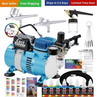 Cool Runner II Air Brush Kit with Air Compressor Dual Fan, 3 Airbrushes, 6 Co...
